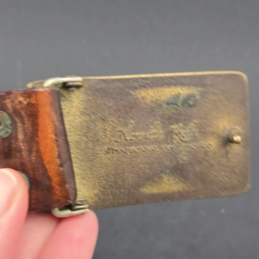 Kenneth Reid Albuquerque Brass Wood Mountain Inlay Leather Belt Vintage Brown
